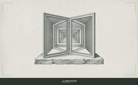 Antique engraving illustration. Two mirrors angled toward each other on a stone ledge, each reflecting the other's image in a narrowing corridor of light and shadow.