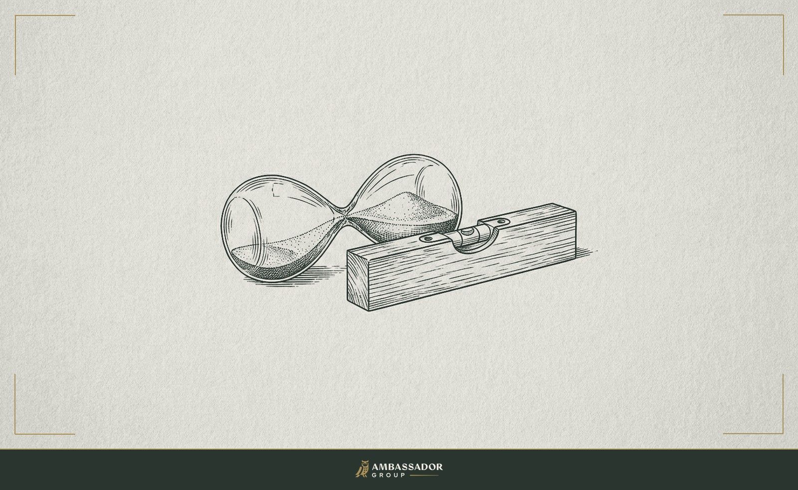 Antique engraving illustration. An hourglass on its side, sand suspended mid-pour, beside a mason's level showing the bubble perfectly centered, speed and precision caught in the tension between them.