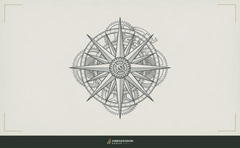 Antique engraving illustration. A compass rose embedded in the gear-work of a clock movement, direction and mechanism fused, suggesting navigation as an operating system rather than an occasional gesture.