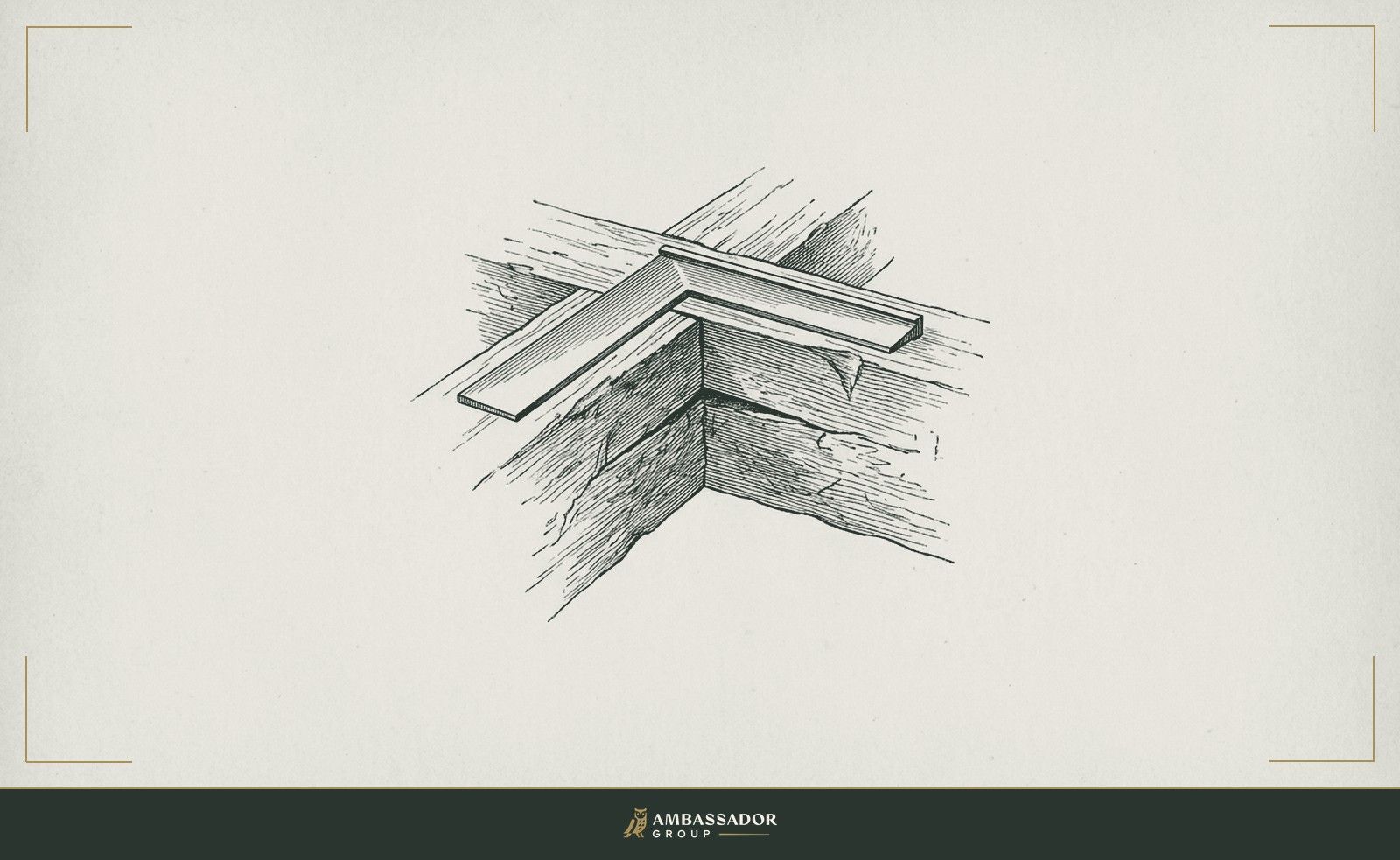 Antique engraving illustration. A carpenter's framing square set against a cracked timber joint, the gap between square and wood plainly visible.