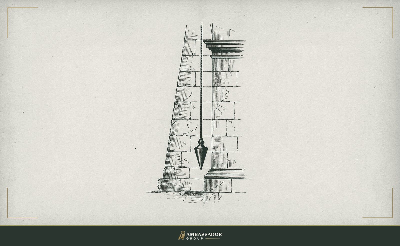 Antique engraving illustration. A plumb line hanging free and true beside a wall that leans, the cord an unvarnished measure of what is real regardless of what the surface suggests.