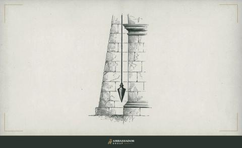 Antique engraving illustration. A plumb line hanging free and true beside a wall that leans, the cord an unvarnished measure of what is real regardless of what the surface suggests.