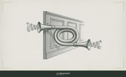 Antique engraving illustration. A speaking tube mounted in a wall with two open ends, the same words visible entering one side and exiting the other unchanged, a single channel with no private bypass.