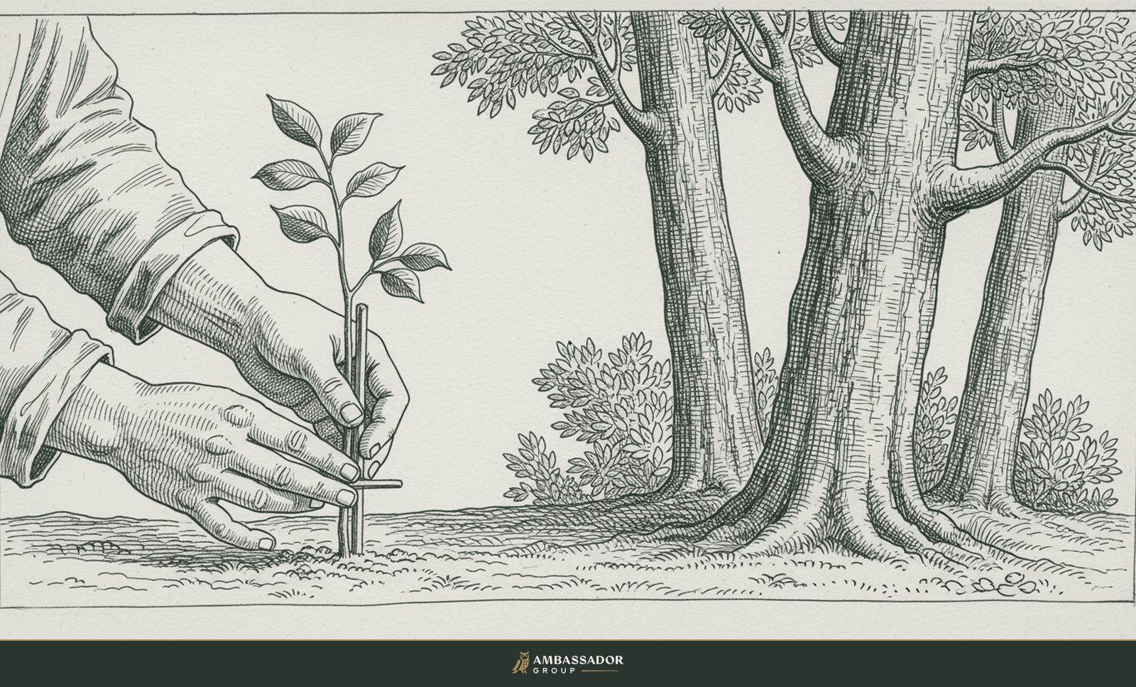 Antique engraving illustration. A steward's careful hands staking and tending a young sapling beside mature standing timber, patient cultivation.