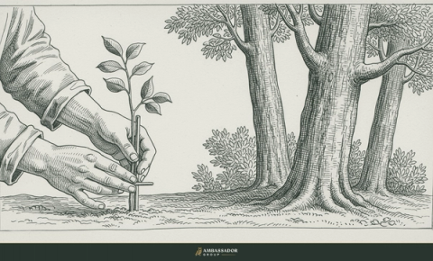 Antique engraving illustration. A steward's careful hands staking and tending a young sapling beside mature standing timber, patient cultivation.