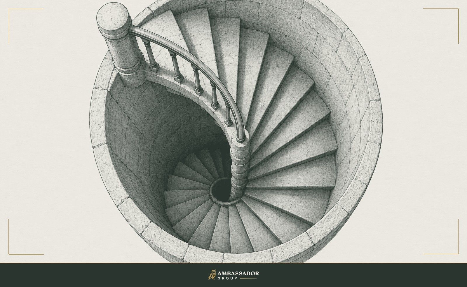 Antique engraving illustration. A stone spiral staircase seen from directly above, its steps winding down into a dark center.