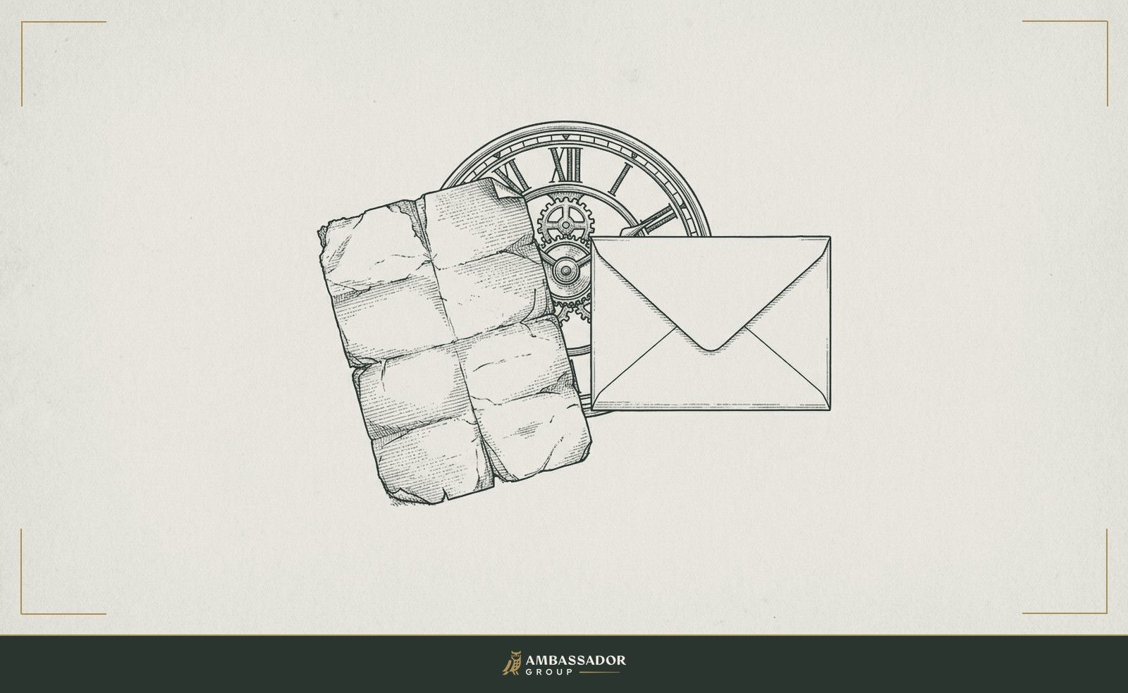 Antique engraving illustration. A folded and refolded letter worn at its creases, a clock dial behind it showing time elapsed, and a fresh clean envelope beside it waiting to end the delay.