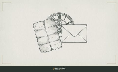 Antique engraving illustration. A folded and refolded letter worn at its creases, a clock dial behind it showing time elapsed, and a fresh clean envelope beside it waiting to end the delay.