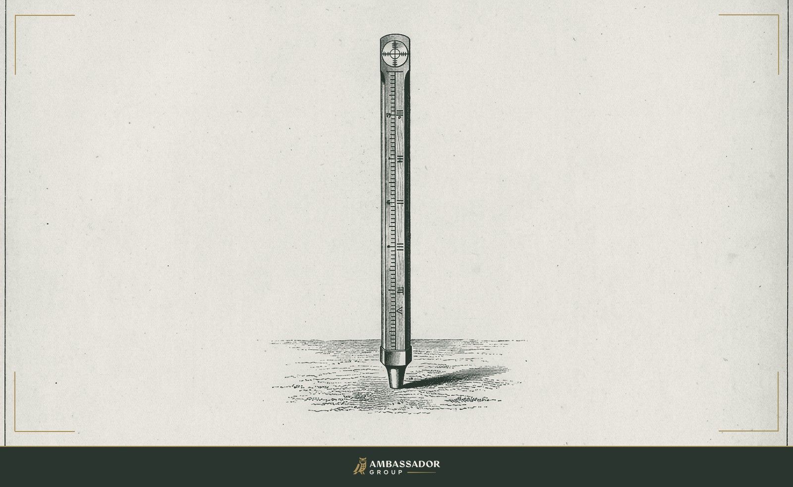 Antique engraving illustration. A surveyor's rod marked with precise gradations standing upright in open ground, every increment legible and honest, the measurement plain for anyone to read.