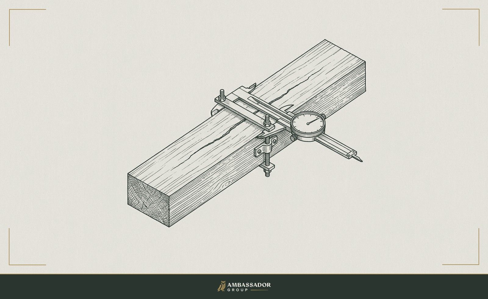 Antique engraving illustration. A load-bearing timber showing a fine stress fracture running lengthwise, a measuring gauge clamped across the crack to track its growth.