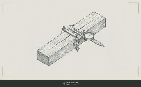 Antique engraving illustration. A load-bearing timber showing a fine stress fracture running lengthwise, a measuring gauge clamped across the crack to track its growth.