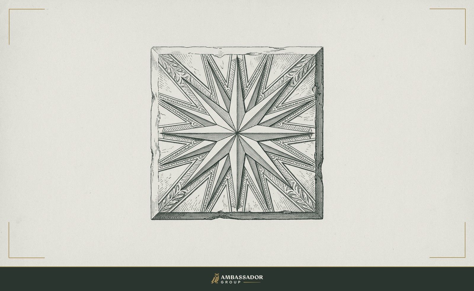 Antique engraving illustration. A many-pointed star compass rosette carved into a cornerstone block, its rays radiating outward to guide the walls raised above it, an ornamental motif with no letters or numerals.