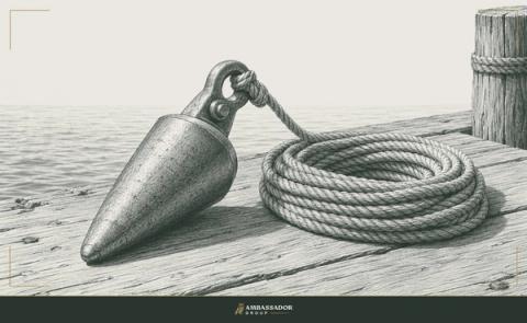Antique engraving illustration. A ship's sounding lead with its coiled line resting on a dock plank.