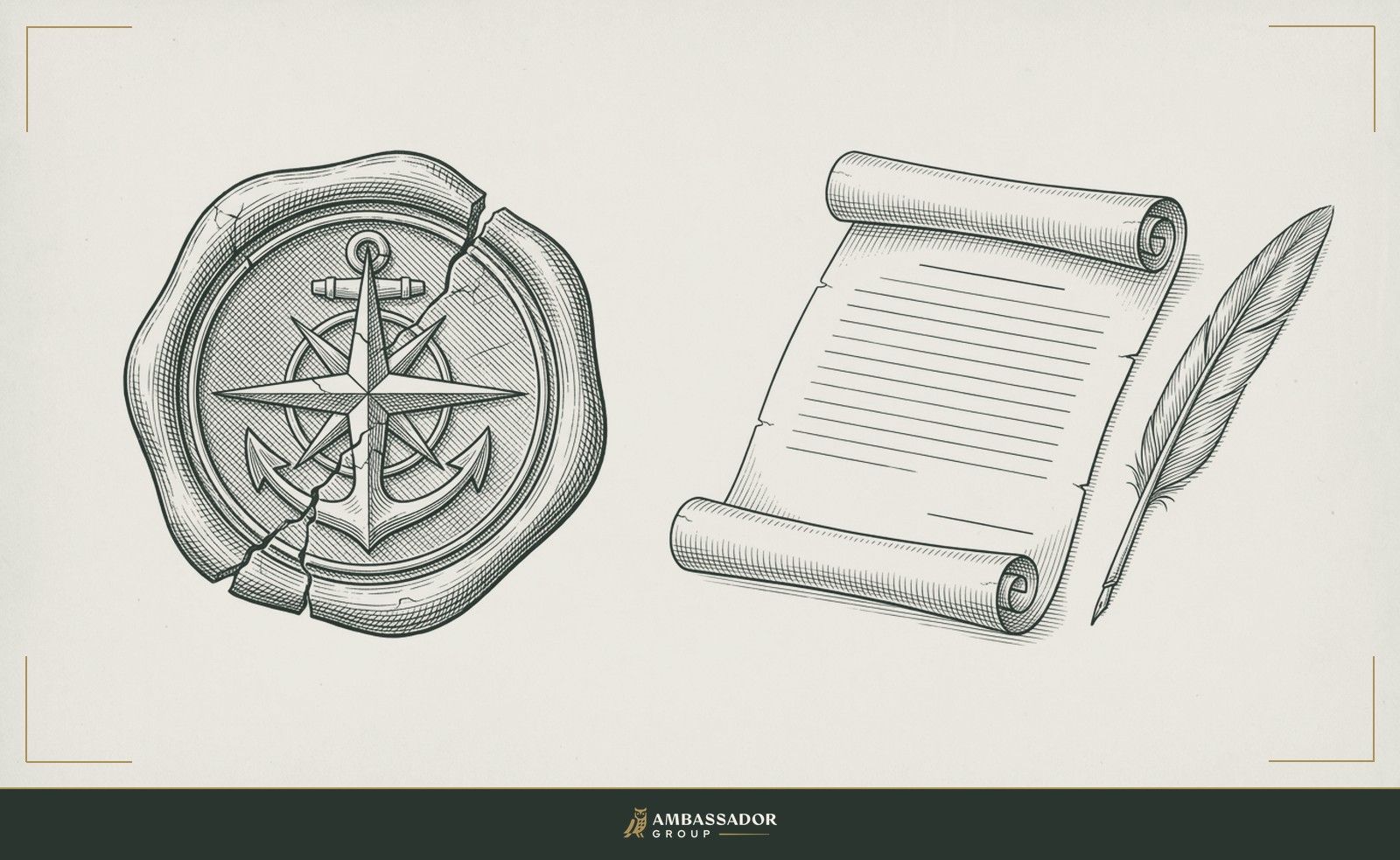 Antique engraving illustration. A cracked wax seal beside an unsigned contract, the guarantee already compromised before the ink is dry, the illusion of security broken at the point of origin.