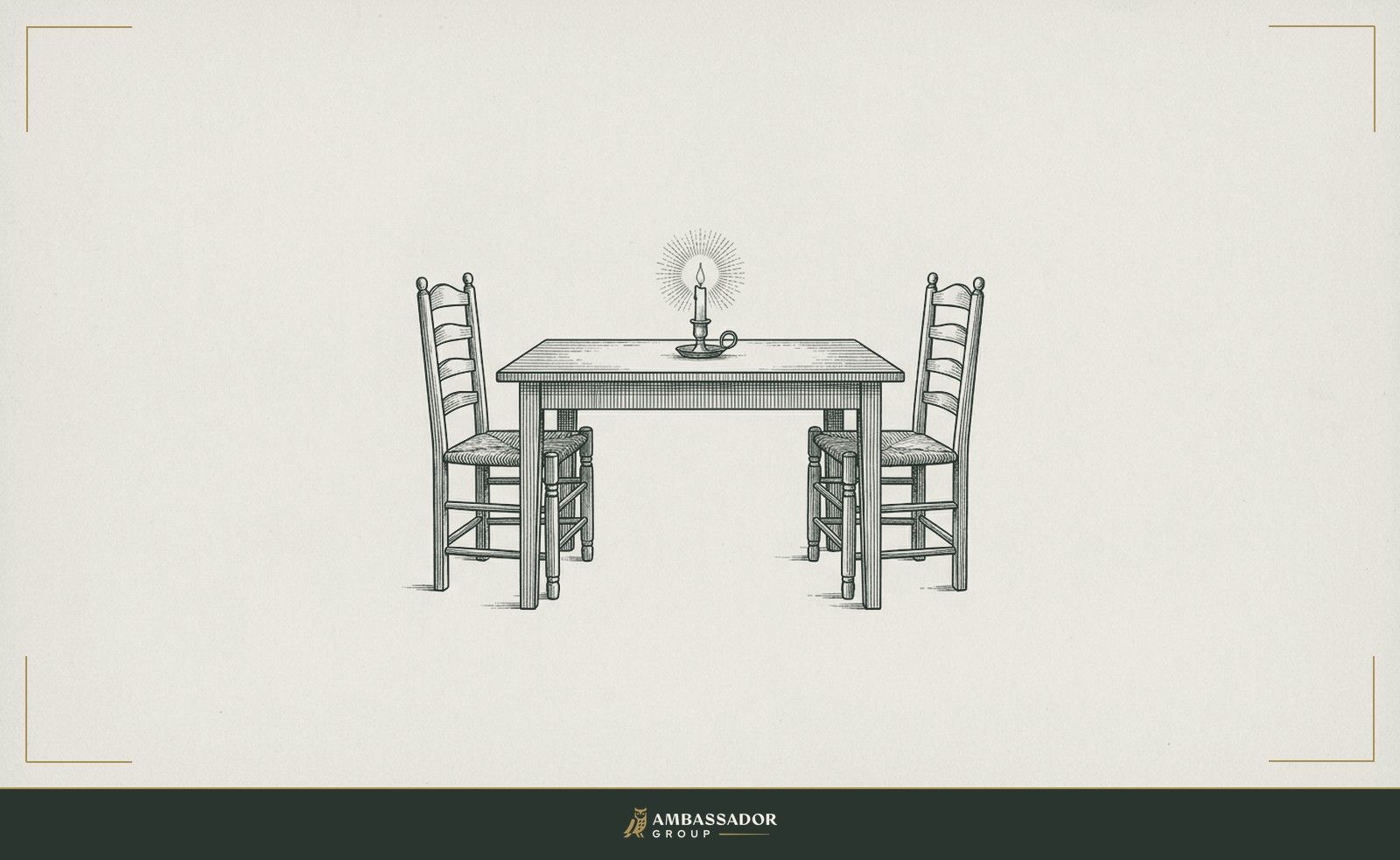 Antique engraving illustration. Two chairs drawn up to opposite sides of a plain table, a single candle between them, no objects except its flame and the empty seats.