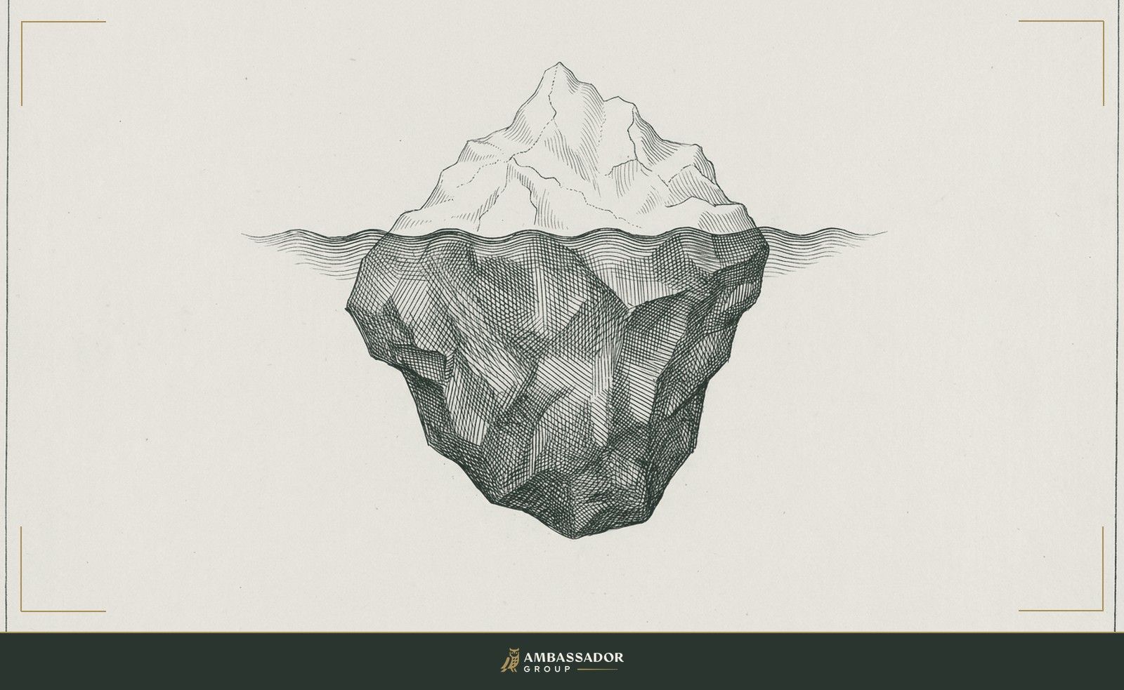 Antique engraving illustration. An iceberg rendered in cross-section, the vast submerged mass outlined in dense hatching beneath the waterline, a small apex above.