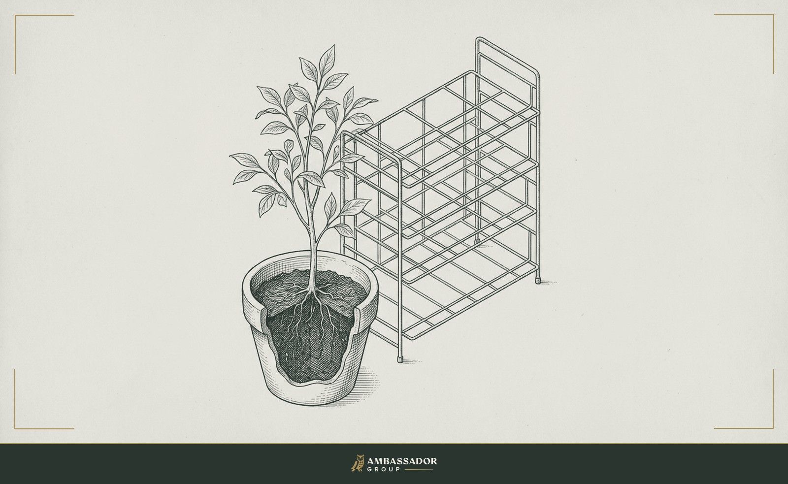 Antique engraving illustration. A single tended plant in rich soil beside a wire rack built for dozens of identical pots, every shelf bare.