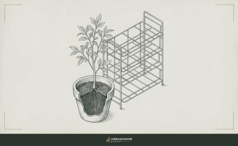 Antique engraving illustration. A single tended plant in rich soil beside a wire rack built for dozens of identical pots, every shelf bare.