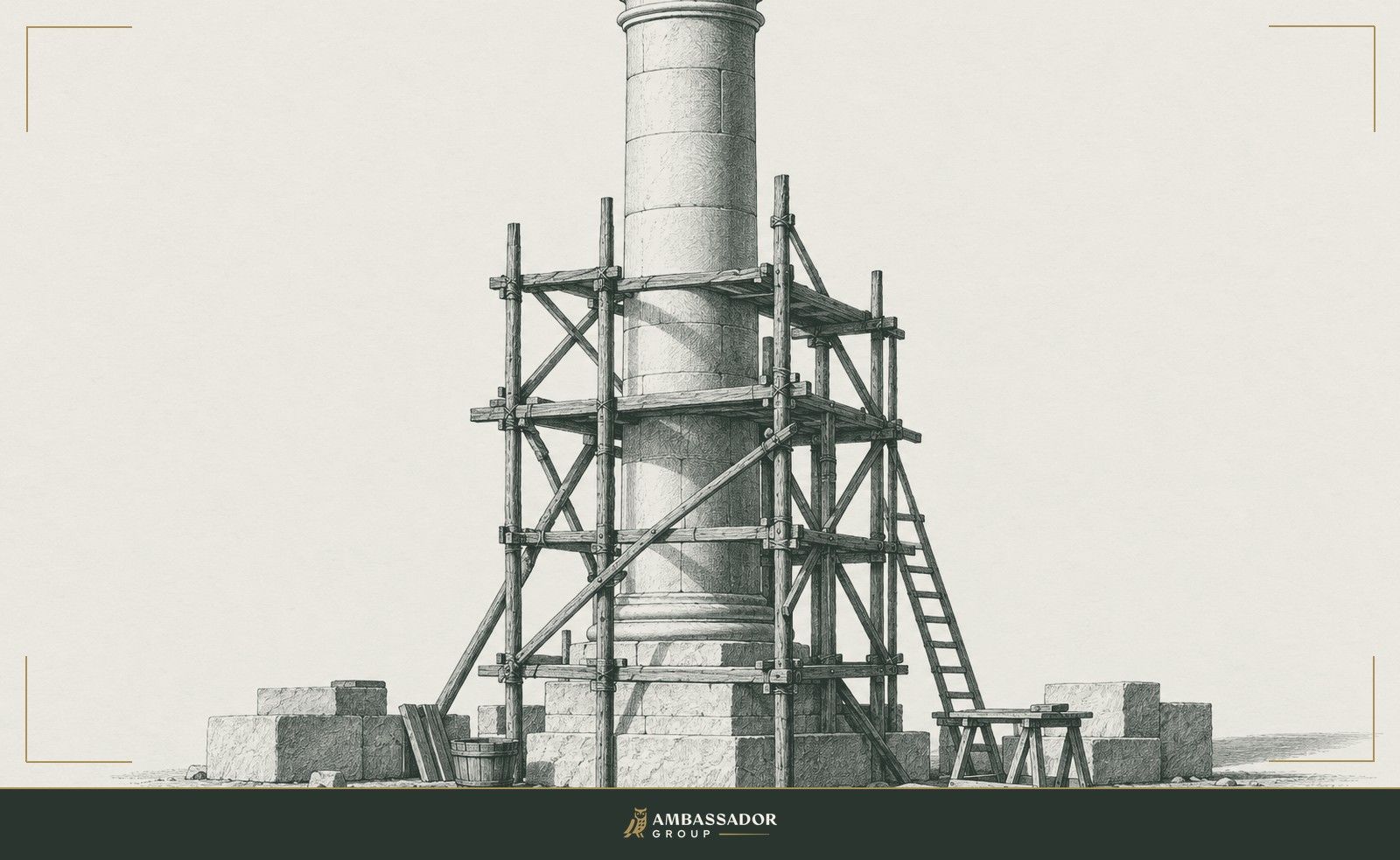 Antique engraving illustration. Timber scaffolding wraps the lower half of a rising classical stone column still under construction.