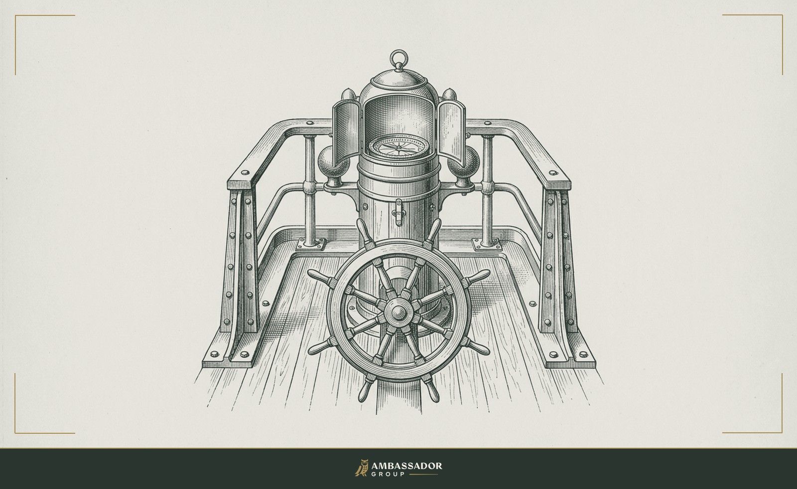 Antique engraving illustration. A ship's binnacle with its compass lit from within, a set of guide rails bolted to the deck around it keeping the course but leaving the helm free.