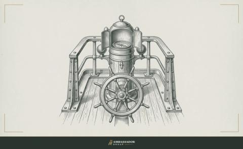 Antique engraving illustration. A ship's binnacle with its compass lit from within, a set of guide rails bolted to the deck around it keeping the course but leaving the helm free.