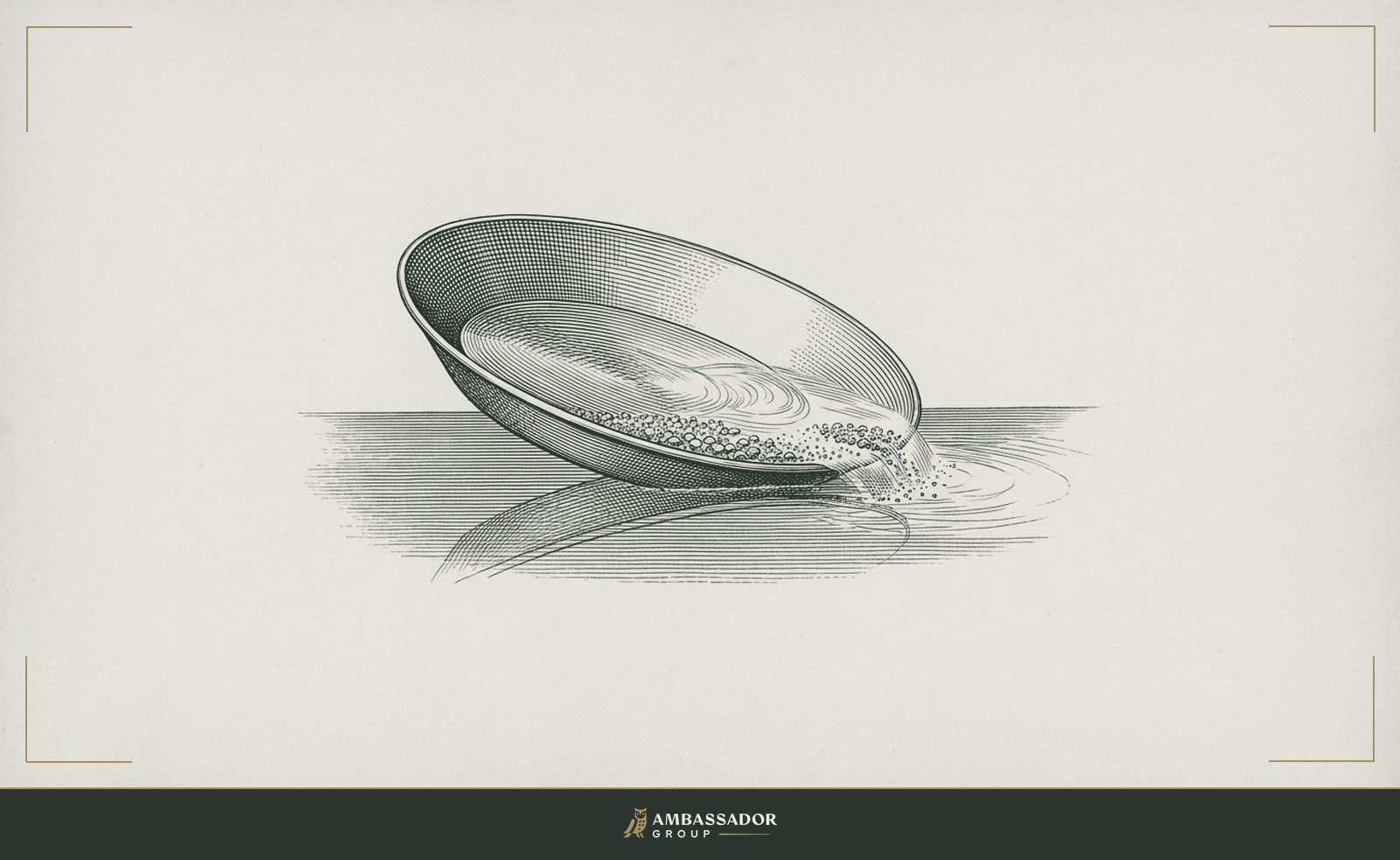 Antique engraving illustration. A prospector's pan of river gravel held at a careful tilt over still water, the motion patient and deliberate, letting the current do what interrogation cannot.