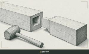 Antique engraving illustration. A mortise-and-tenon joint half-fitted, two timbers aligned but not yet seated, a mallet resting beside them.