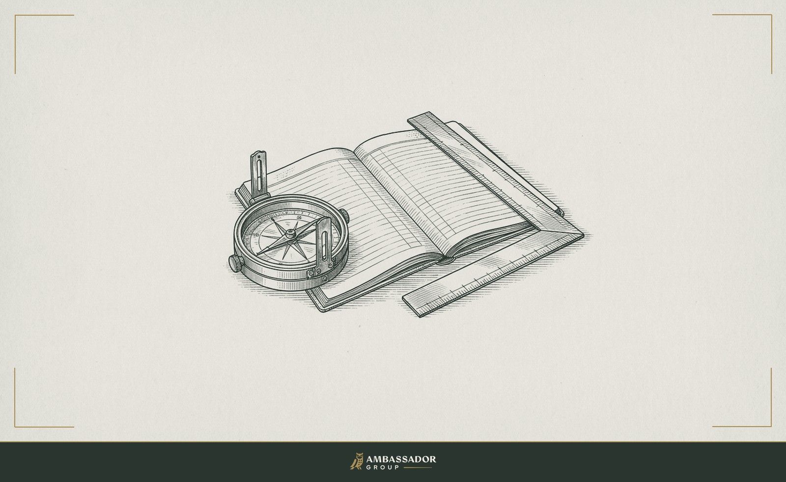 Antique engraving illustration. A surveyor's compass and a ruled field notebook open beside a carpenter's square, arranged as instruments of deliberate measurement before any ground is broken.
