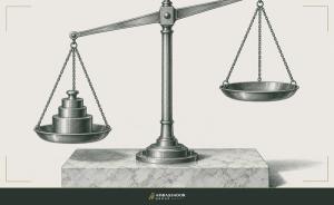 Antique engraving illustration. A brass balance scale on a stone plinth, a neat stack of calibrated brass weights weighing down one pan so the beam tips toward it, the other pan empty and raised.