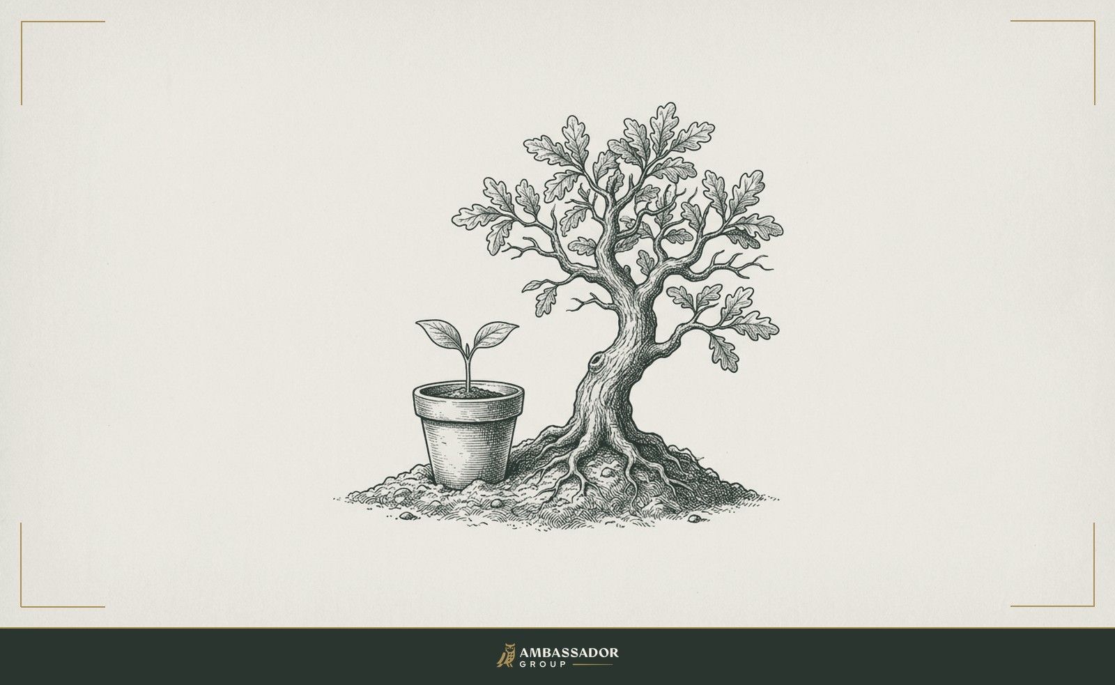 Antique engraving illustration. A seedling in a clay pot beside a mature oak sapling, both rooted in the same soil, suggesting growth that never reaches a final stage.