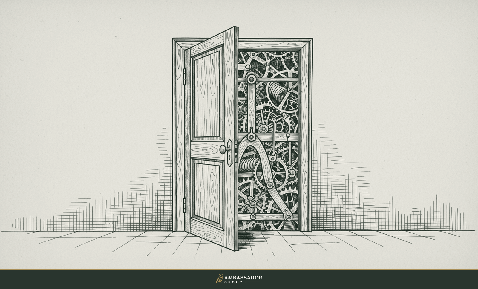 Antique engraving illustration. A plain simple wooden door standing open to reveal an intricate daunting clockwork mechanism concealed behind it.
