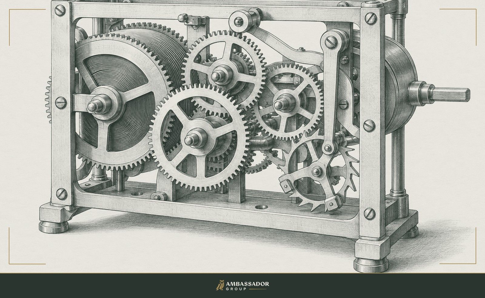 Antique engraving illustration. An intricate brass gear train meshes inside the open movement of a mechanical clock.