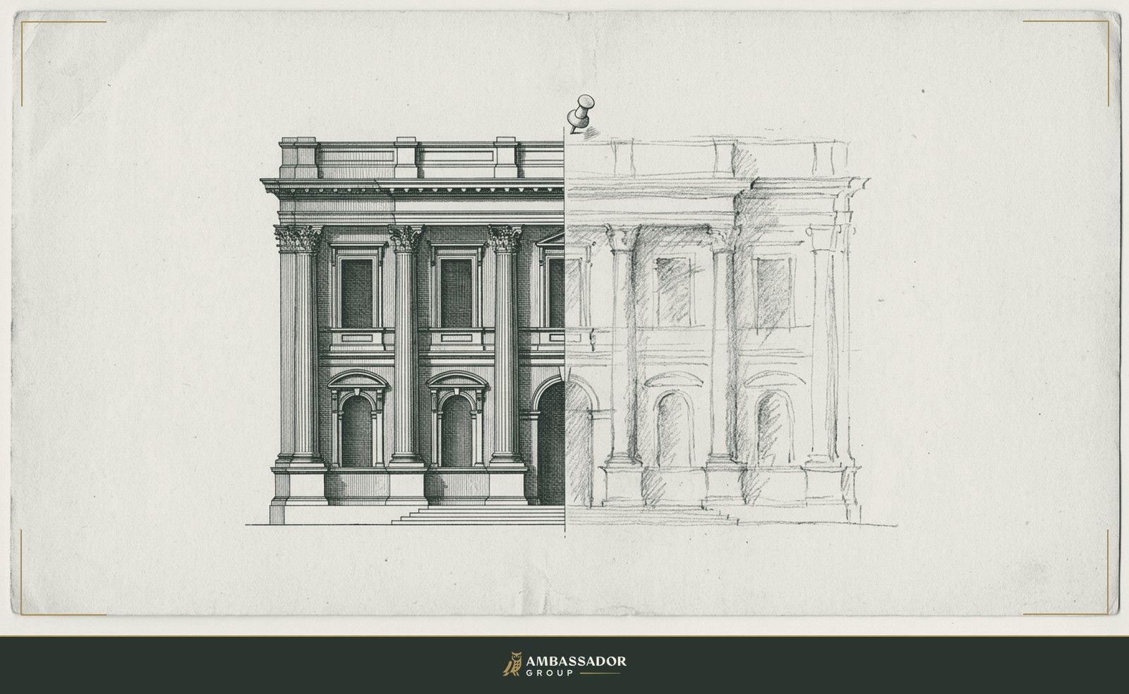 Antique engraving illustration. A detailed architectural elevation drawing pinned beside a rough pencil sketch, the contrast between precision and approximation self-evident without any label.