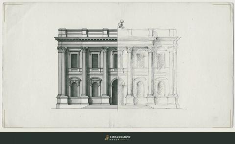Antique engraving illustration. A detailed architectural elevation drawing pinned beside a rough pencil sketch, the contrast between precision and approximation self-evident without any label.