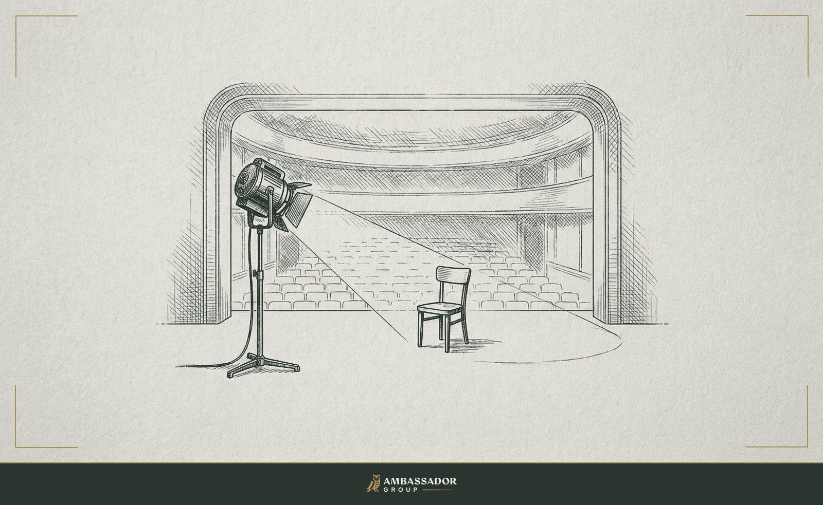 Antique engraving illustration. A stage spotlight directed at an empty chair facing a darkened audience, the candidate's position illuminated in advance, the performance space prepared but unoccupied.