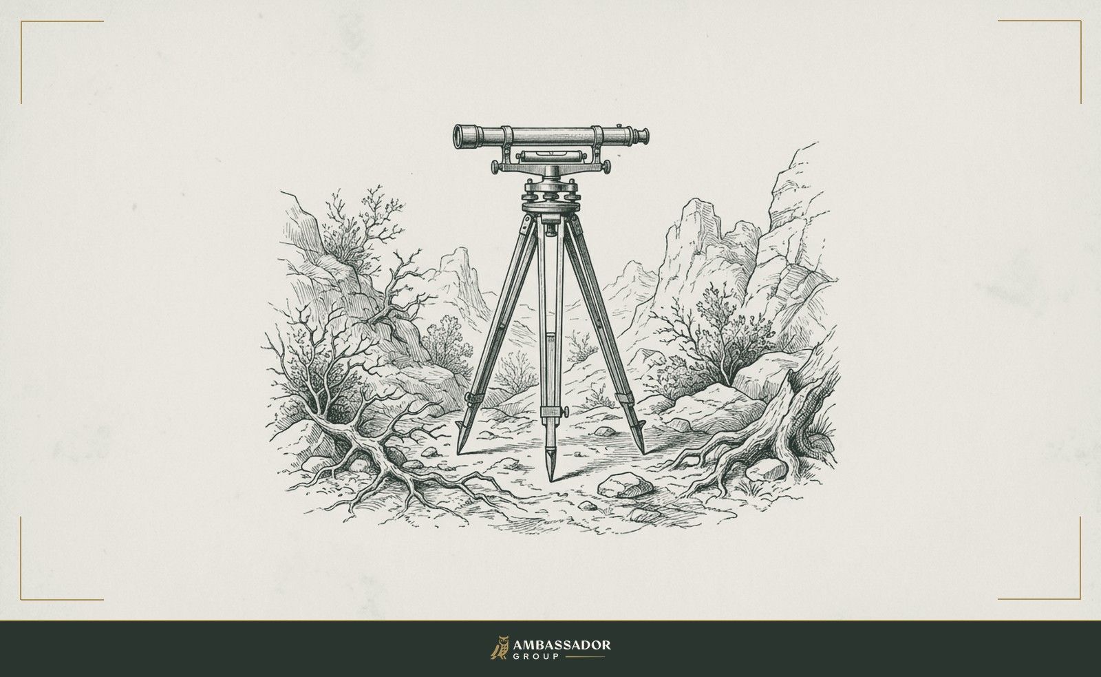 Antique engraving illustration. A surveyor's level set on a tripod above rough ground, bubble centered, surrounded by an otherwise untamed landscape of stone and root.