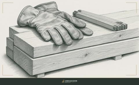 Antique engraving illustration. A pair of leather work gloves and a folding rule resting on a stack of dressed lumber.