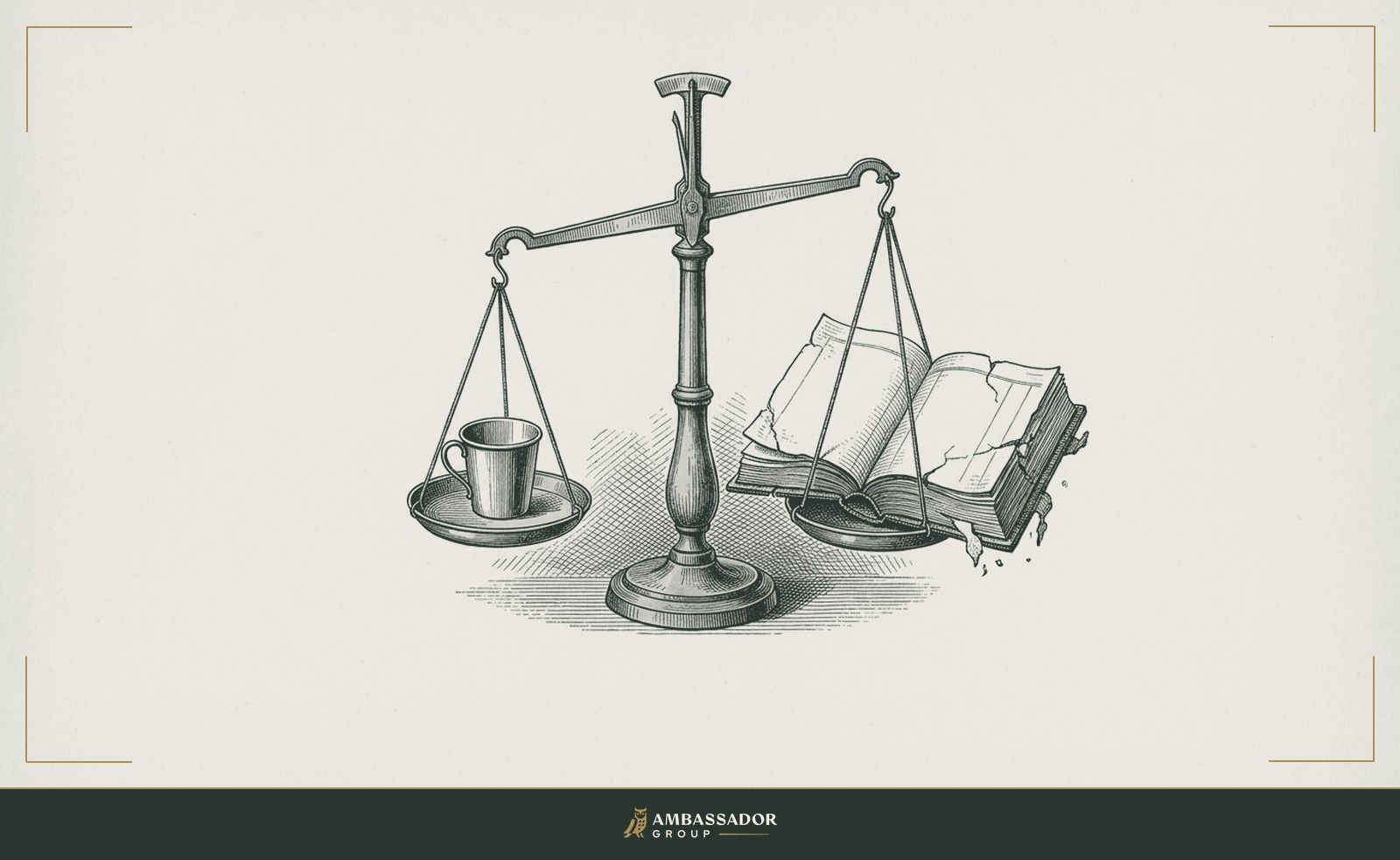 Antique engraving illustration. An assayer's balance with an empty pan on one side and a cracked ledger on the other, the hidden weight of the loss not yet measured or recorded.
