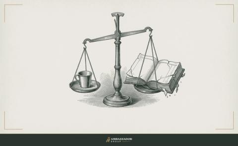 Antique engraving illustration. An assayer's balance with an empty pan on one side and a cracked ledger on the other, the hidden weight of the loss not yet measured or recorded.