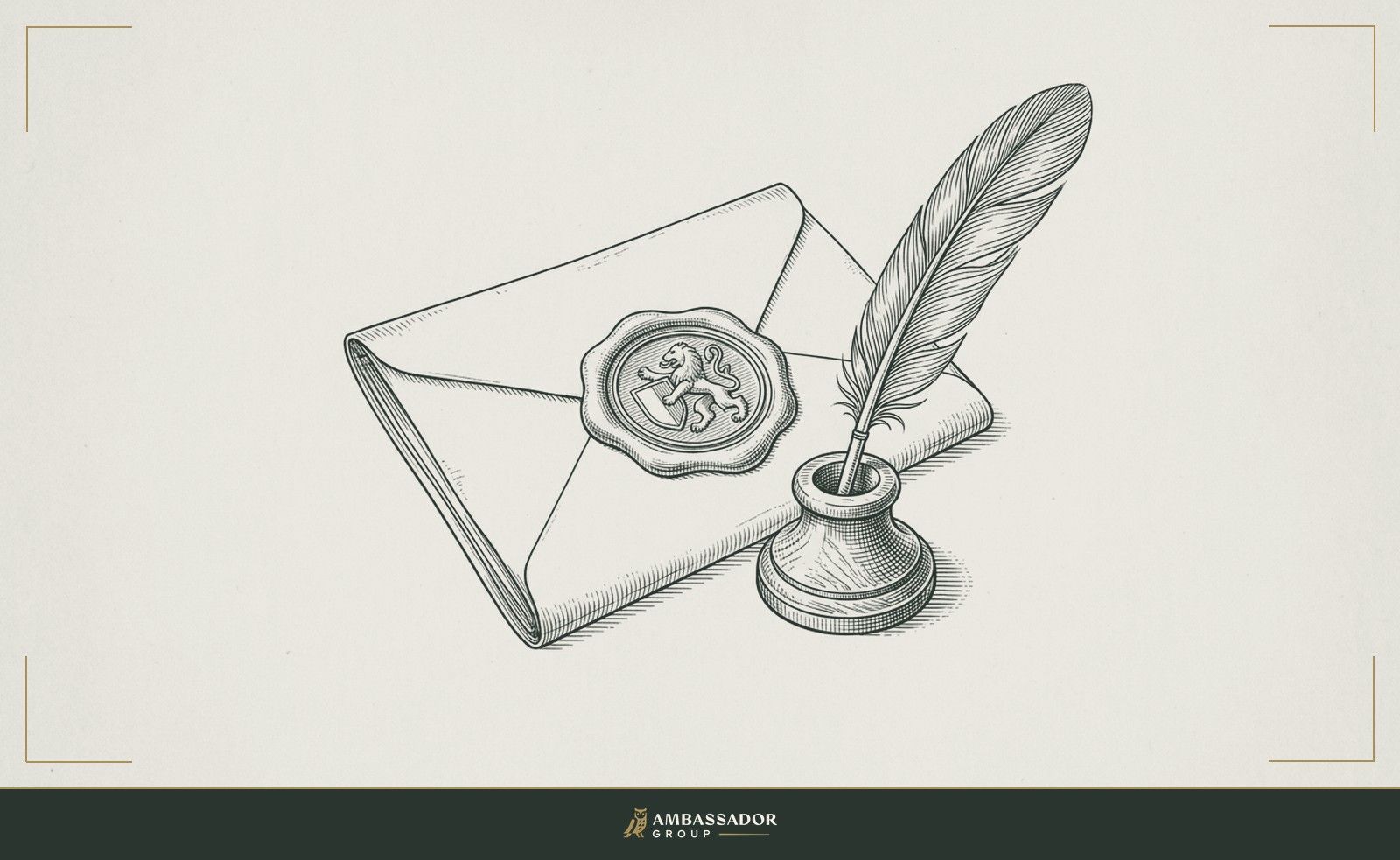Antique engraving illustration. A wax seal pressed onto a folded document, untouched, beside a quill resting in its stand with no ink on the nib.