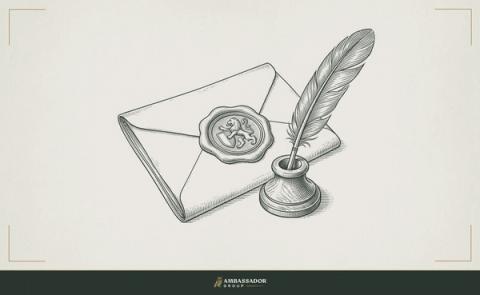 Antique engraving illustration. A wax seal pressed onto a folded document, untouched, beside a quill resting in its stand with no ink on the nib.