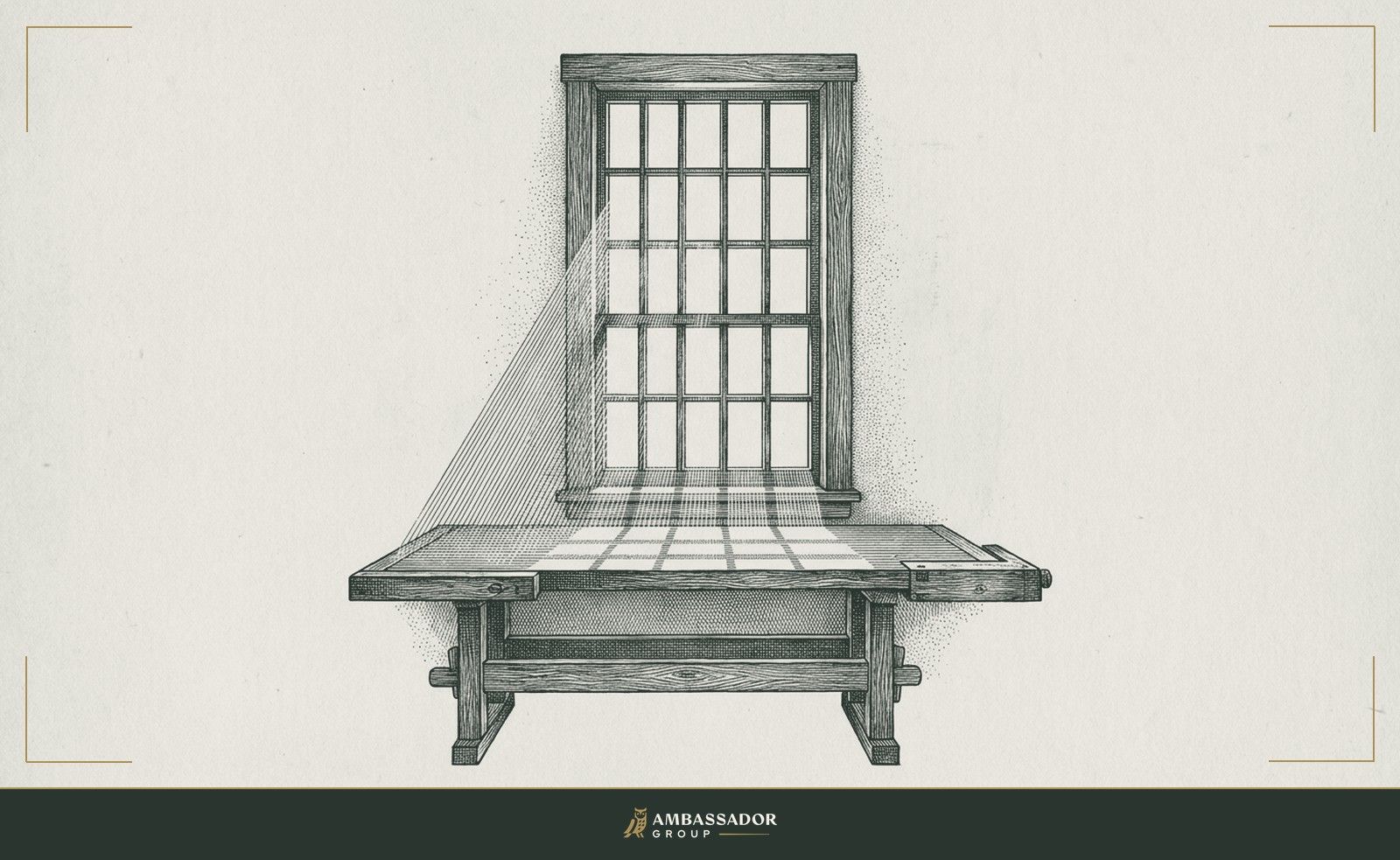 Antique engraving of a tall paned workshop window above a wooden workbench, a shaft of light through the panes laying a grid of bright squares across the bench surface.
