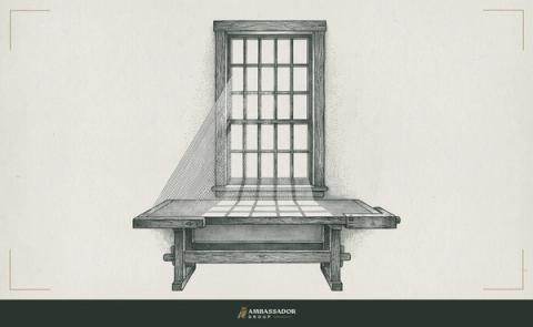Antique engraving of a tall paned workshop window above a wooden workbench, a shaft of light through the panes laying a grid of bright squares across the bench surface.