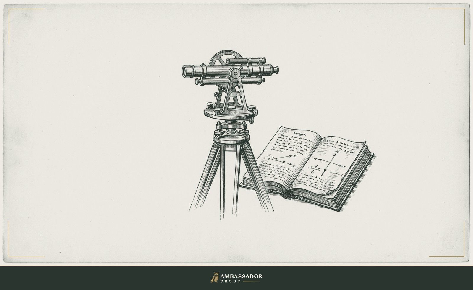 Antique engraving illustration. A single architect's transit on a tripod, its log notebook filled with observations from many different sites, each entry dated and marked with a compass bearing.