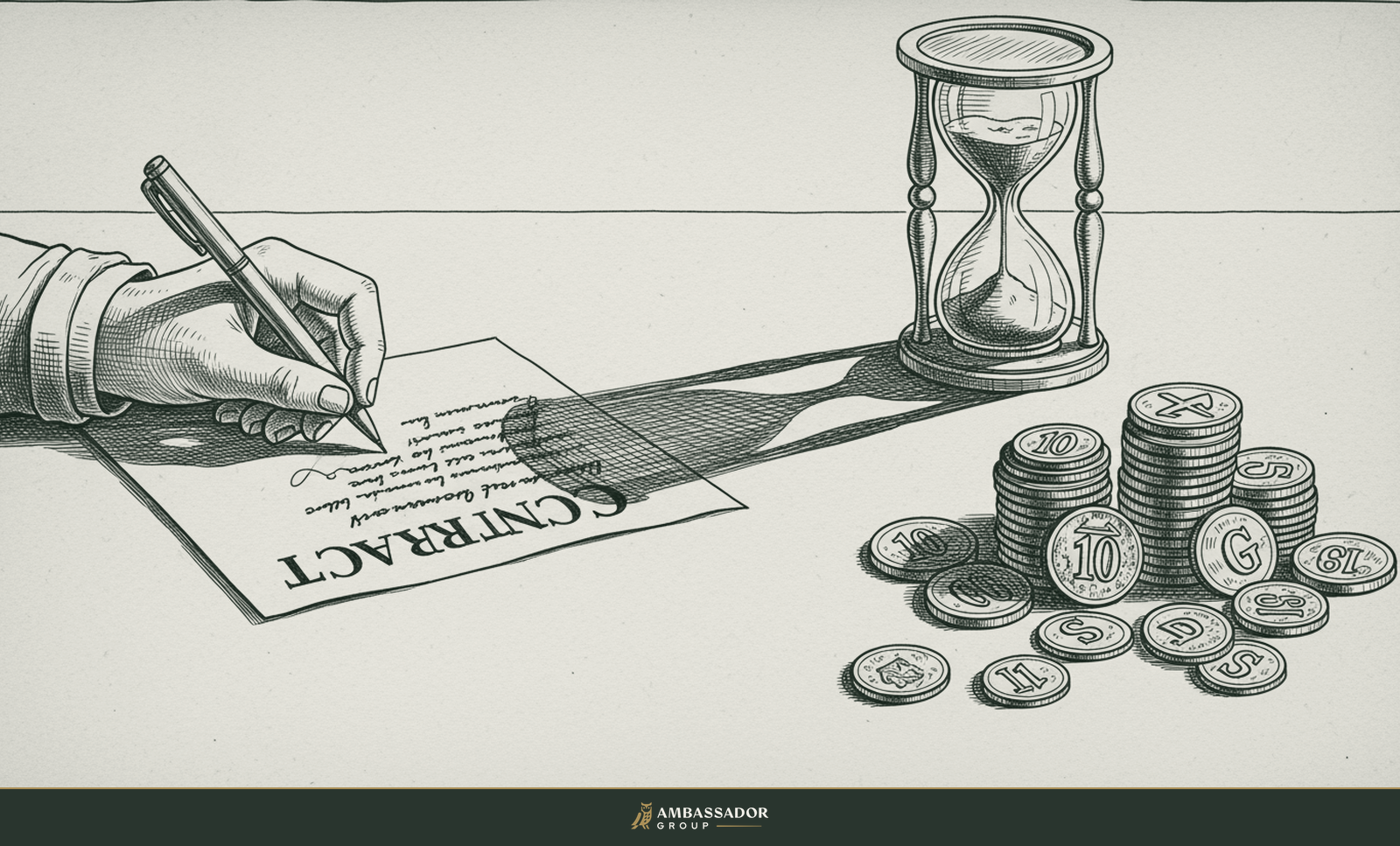 Antique engraving illustration. A hand signing a contract under the long shadow of a pressing hourglass, a second untouched pile of coins waiting to be paid again.