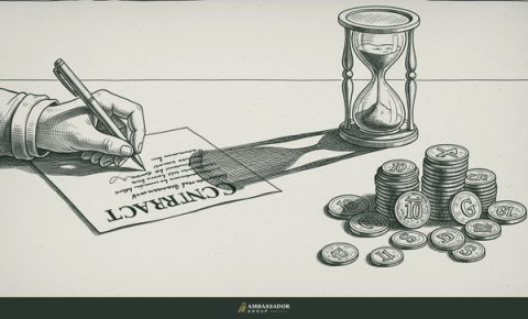 Antique engraving illustration. A hand signing a contract under the long shadow of a pressing hourglass, a second untouched pile of coins waiting to be paid again.