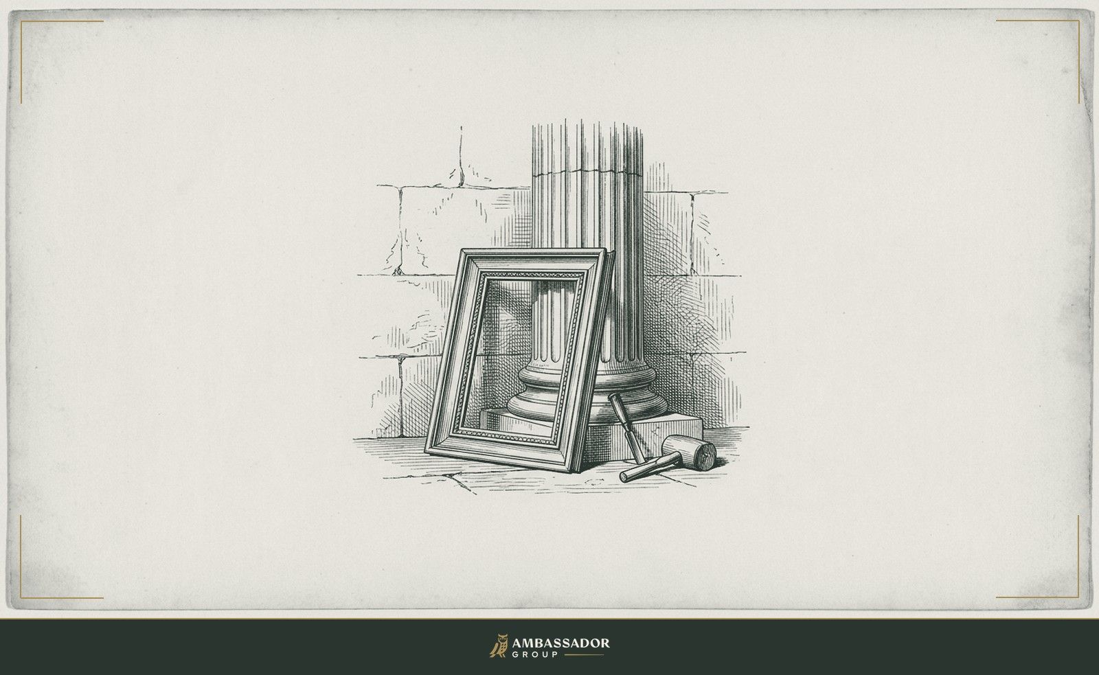 Antique engraving illustration. An empty picture frame leaning against a column, a chisel and mallet beside it, the wall behind still blank and uncarved.