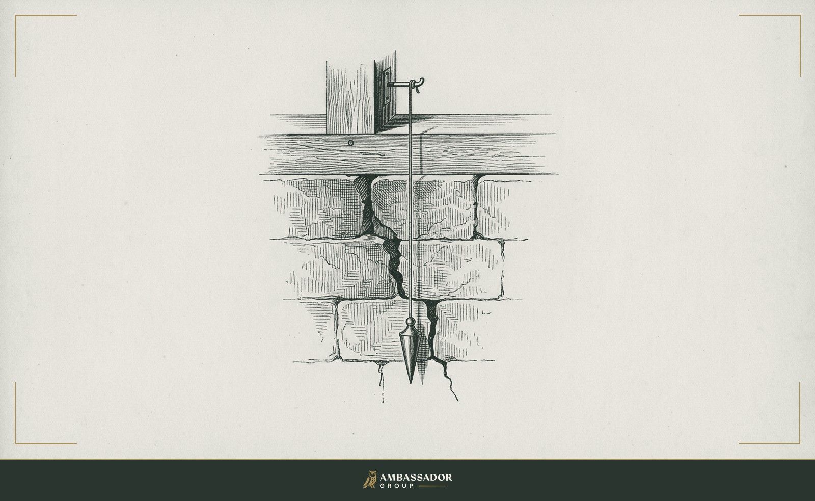 Antique engraving illustration. A cracked foundation wall with a single plumb line dropped from the sill, its bob pointing precisely to the origin crack below, the diagnosis hanging in plain sight.
