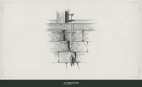 Antique engraving illustration. A cracked foundation wall with a single plumb line dropped from the sill, its bob pointing precisely to the origin crack below, the diagnosis hanging in plain sight.