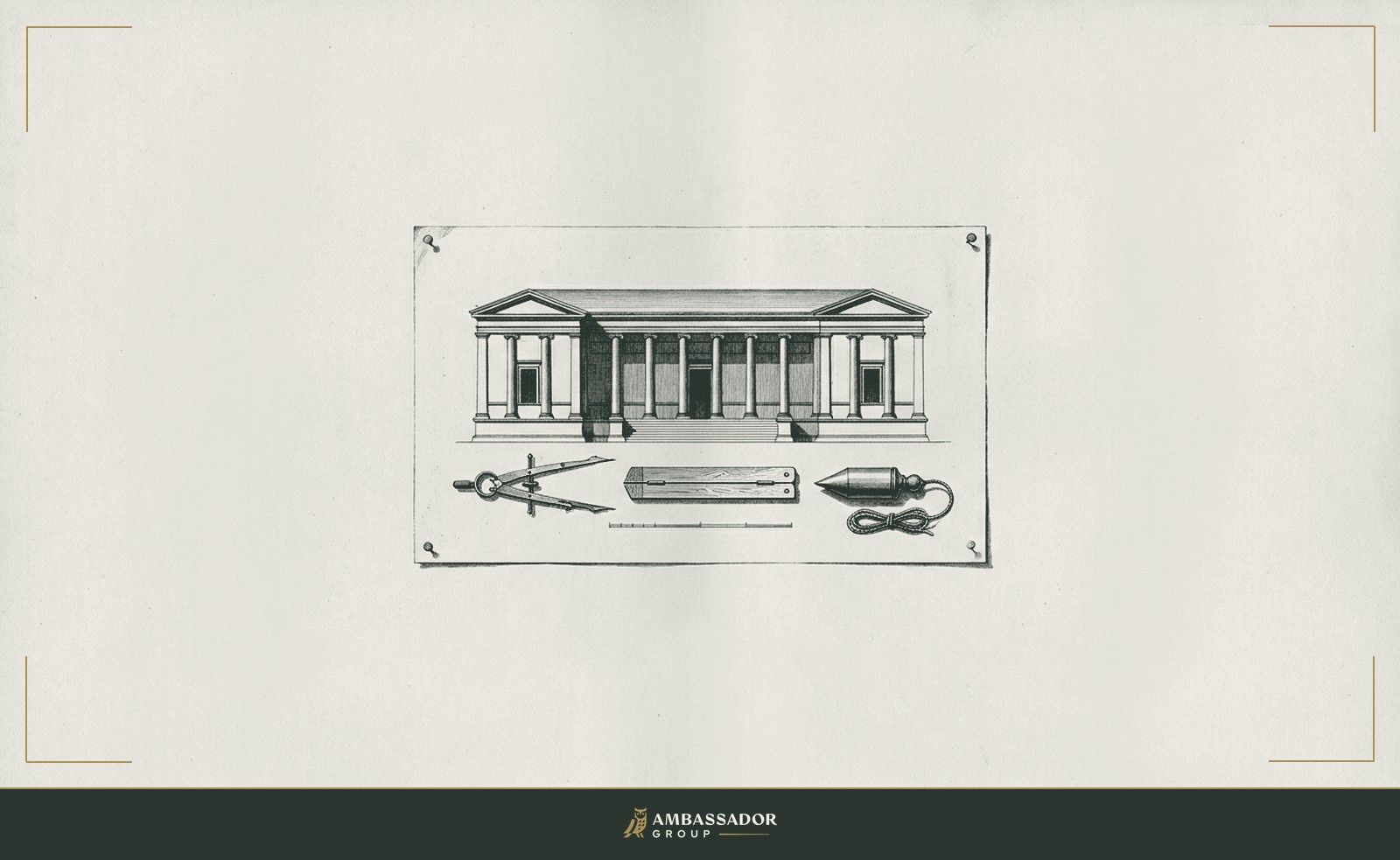 Antique engraving illustration. A single architectural elevation drawing pinned flat, with a compass, a rule, and a plumb line arranged atop it in deliberate sequence.